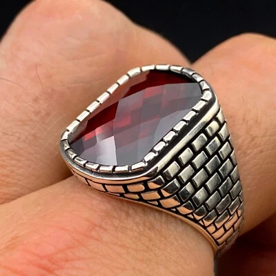 Anillo de plata de piedra de circonita simulada cúbica roja para hombre, anillo de plata de ley 925 Foto 1 de 4