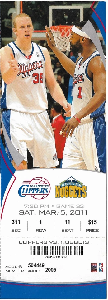 LOS ANGELES CLIPPERS vs.  DENVER NUGGETS  3/5/2011 TICKET  Baron Davis - Image 1 of 1