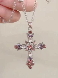 Pink Cubic Zirconia Decor Cross Pendant Necklace for Women Jewelry for Women - Picture 1 of 7