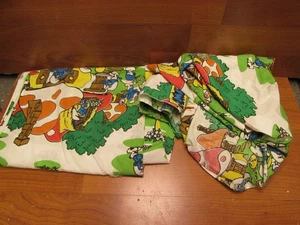Vintage SMURFS Village Lawtex Twin size Fitted & Flat Sheet Fabric 39"x76" - Picture 1 of 4