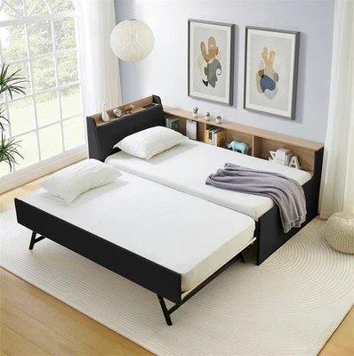 Cama de día tapizada doble cama nido ajustable con cabecero de almacenamiento y luces LED Foto 1 de 4