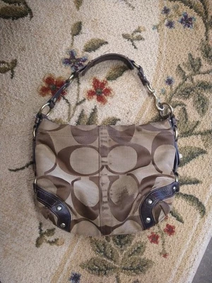 Y2K vintage Coach Carly Signature Khaki Canvas & Brown Leather Shoulder Bag - Image 1 of 4