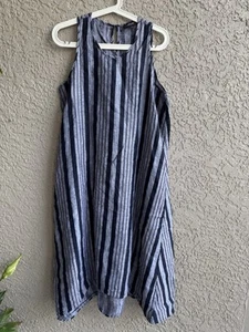 Lord & Taylor Damen Leinen Kleid grau blau gestreift ärmellos A-Linie Hi-Low Gr. M - Bild 1 von 6