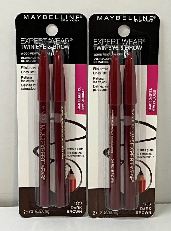 Maybelline Expert Twin Eye & Brow Wood Pencil Liner 102 Dark Brown 2 x Twin Pack - Image 1 of 2