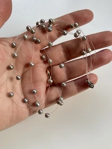 Vintage Multi Strand Metallic Grey Black Pearl Floating Illusion Necklace 15" - Picture 1 of 5