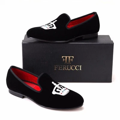Handmade FERUCCI Men Black Velvet Slippers loafers with Silver Crown