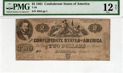 T-38 PF-1 $2 Confederate Paper Money 1861 - PMG Fine 12 Net - rare type! - Image 1 of 2