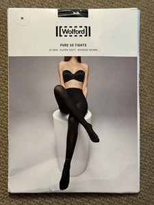Wolford 14434-7005 Women's M Pure 50 Denier Tights Black US Medium - Picture 1 of 7