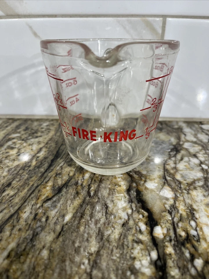 Fire King Anchor Hocking 8 oz Glass Measuring Cup 1 Cup Red Graphics  🇺🇸 - Image 1 of 4