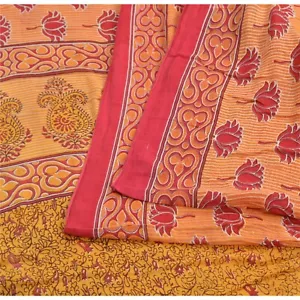 Sanskriti Vintage Sarees Indian Yellow/Red Pure Cotton Printed Sari Craft Fabric - Picture 1 of 12