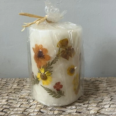 NEW Pressed Flower Pillar White Candle 5” Boho 70s Vibe - Image 1 of 4