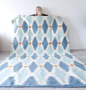 Wool Area Boho Rug Vintage Kilim Modern Carpet Blue White Southwest Living Room - Picture 1 of 7