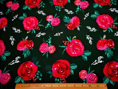 Quilt Fabric By The Yard Pink Red Roses White Floral Dk Green Premium Cotton #C - Image 1 of 2