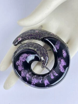 Large Purple Black Lucite & Metal Swirl Modernist Statement Brooch Pin Foto 1 de 4