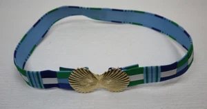 VINTAGE BLUE & GREEN RIBBON BELT - GOLD TONE SEASHELL CLASP - UP TO 31" WAIST - Picture 1 of 7