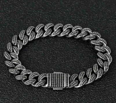 8Ct Taglio Rotondo Diamanti Finti Uomo Maglia Cubana Bracciale 14k Nero Dorato - Immagine 1 di 4
