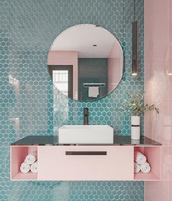 Teal Mosaic Hexagon Porcelain Tiles Sheet For Walls Splashback Floors Bathrooms - Image 1 of 2