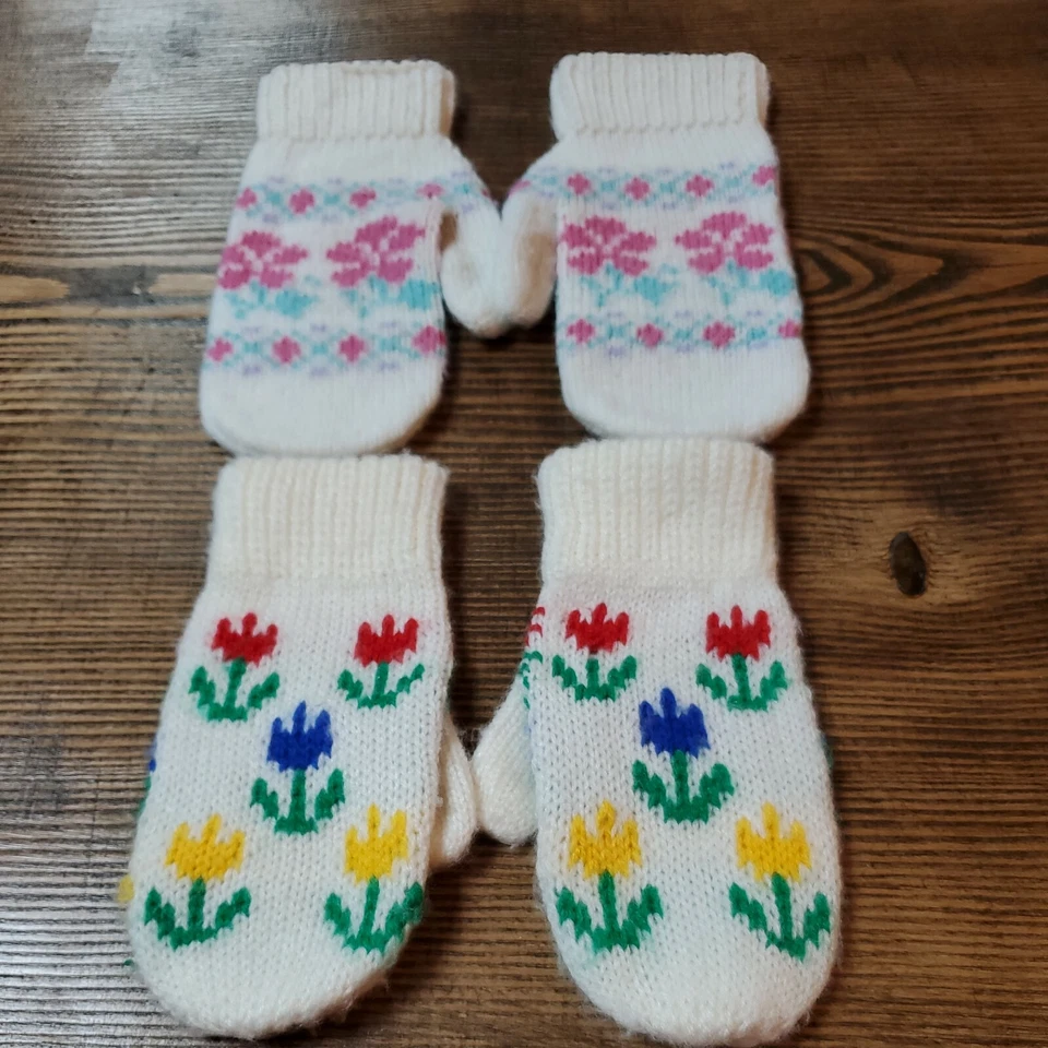 2 Pair Vintage Children's White Mittens with Floral Design - Image 1 of 4