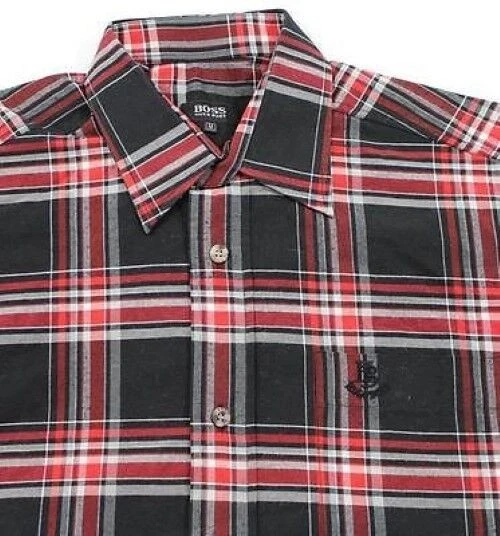 HUGO BOSS Camicia di Affari Bianco Nero Rosso Grigio Quadri Manica Tg. M Wie Neu - Immagine 1 di 1