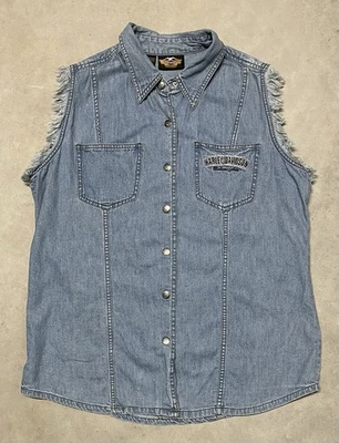 Camisa Harley Davidson Denim Sin Mangas Bolsillo Metal Botón a Presión Águila Talla XL Foto 1 de 3