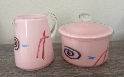 Hand Blown Art Glass FINELINE STUDIOS Pink Sugar & Creamer Set SIGNED/DATED - Image 1 of 4