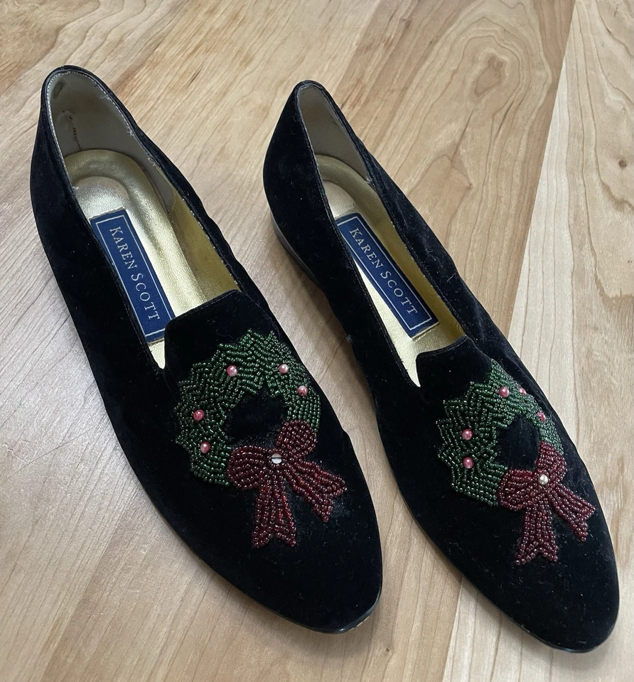 Karen Scott Black Velvet Flats With Beaded Wreath Christmas Holiday Decoration - Image 1 of 3