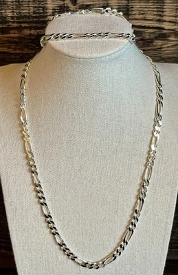 Vintage 925 Italy Sterling Silver Flat Curb Cuban Chain Necklace Bracelet 33g - Image 1 of 4