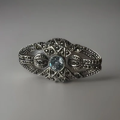 "Broche vintage de plata de ley topacio azul real y marcasita 925 sello 1,5""" Foto 1 de 4