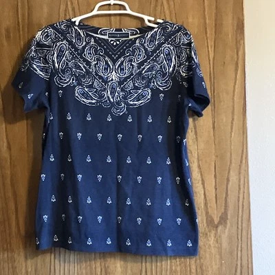 Karen Scott Short Sleeve Navy Blue Top  60 Cotton/40 Polyester Size M - Image 1 of 4