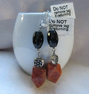 Gems TV Fire Agate & Black Onyx Silver Drop Earrings - Picture 1 of 4