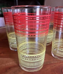 Vtg 4 Federal Glass Juice Tumblers Red & Yellow Striped MCM 5” - Picture 1 of 5