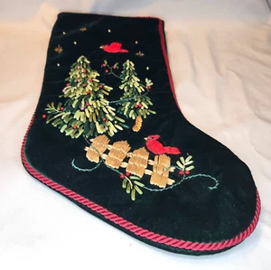 Green Velvet Stocking w/Christmas Trees and Red Cardinals Birds Ribbon Embroider - Picture 1 of 10