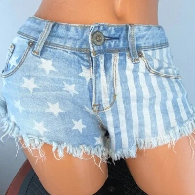Jeans Bullhead curto extremo desgastado bandeira estrelas listras patriotas juniores 3 - Imagem 1 de 4