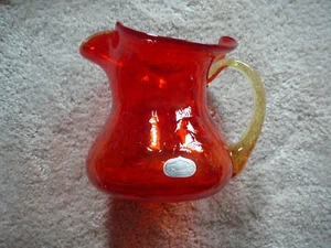 ARCO IRIS Vintage ARTE VIDRIO SENTADILLA JARRA ROJO CREPITANTE Y MANGO APLICADO WV - Imagen 1 de 6