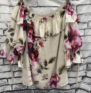 Camicetta MP floreale panna/rosa mercato nero bianco mercato senza spalle increspato - Foto 1 di 5