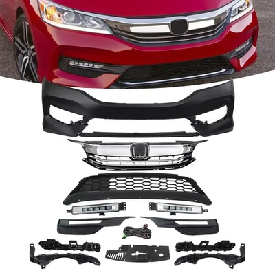 For Accord 2016-17 Front Bumper Cover/Upper Lower Grilles/LED Fog Light/Brackets - Image 1 of 4