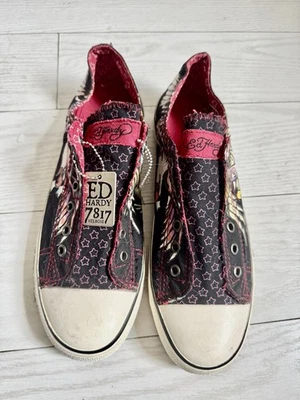 全新 Ed Hardy 低 Melrose 帆布运动鞋 男式 黑色 一脚蹬 鞋码 10 — 第 1/4 张图片