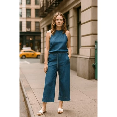 Anthropologie Cloth & Stone Chambray Denim Jumpsuit Womens XS Wide Leg Halter - Image 1 of 4