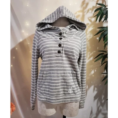 Vtg Obey Womens Striped Embroidered Anchor Henley Hoodie Sweatshirt Size S Gray - Image 1 of 4