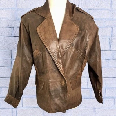 Vtg 90s Adler Leather Blazer Size Medium Brown Distressed Snap Front Epaulettes - Image 1 of 4