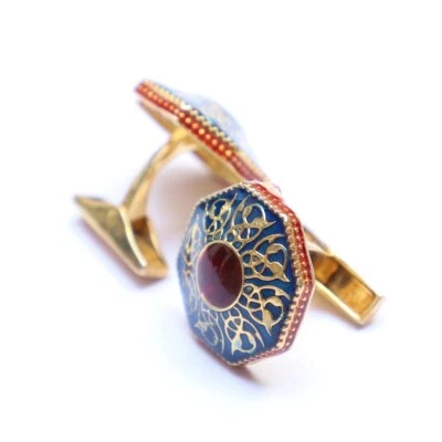 Gemelos chapados en oro en forma redonda floral esmalte rojo azul plata de ley 925 Foto 1 de 4