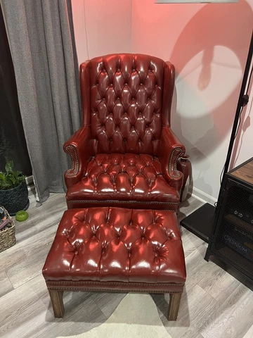 Vintage Tufted Chesterfield Oxblood Leather Chair with Ottoman & Wood Legs Cover