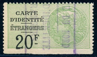 France Revenue stamp CE5, Carte d'Identite Etrangers, 20f, 1927 used - Image 1 of 4