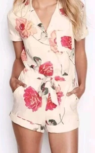 NEW Victoria Secret Satin Button Front Romper Womens MED White Floral Sexy Soft - Picture 1 of 9