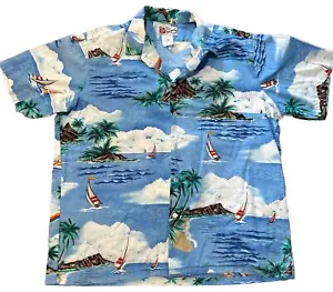 Vintage Hilo Hattie Hawaiian Shirt Mens Size XL Islands Sailboats Palms Rainbows - Picture 1 of 12