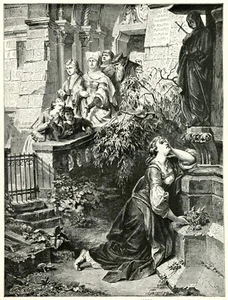 Margaret kneels before the MATER DOLOROSA, 1892 wood engraving vintage art print - Picture 1 of 5