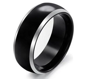 Men's Tungsten Carbide Black Comfort Fit Silver Bevel Edge Wedding Ring & Band - Picture 1 of 2