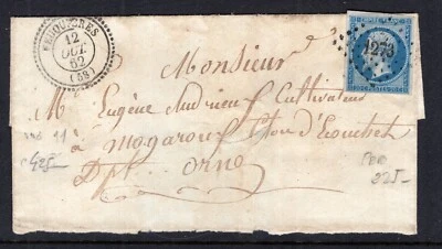 FRANCE / NAPOLEON IMPERF 1853 / Y&T # 14A USED ON COVER WITH LOZENGE PC 1273 - Image 1 of 3