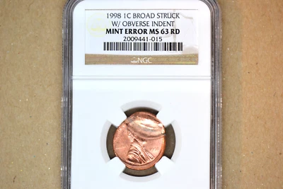 1998 Lincoln Cent- Broadstruck w/ Obverse Indent- NGC MS-63 RD.    Dramatic!! - Image 1 of 4