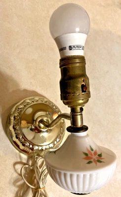 Vintage Milk Glass Wall Sconce w/ Hand Painted Floral Brass Colored Base Tested - Image 1 of 4